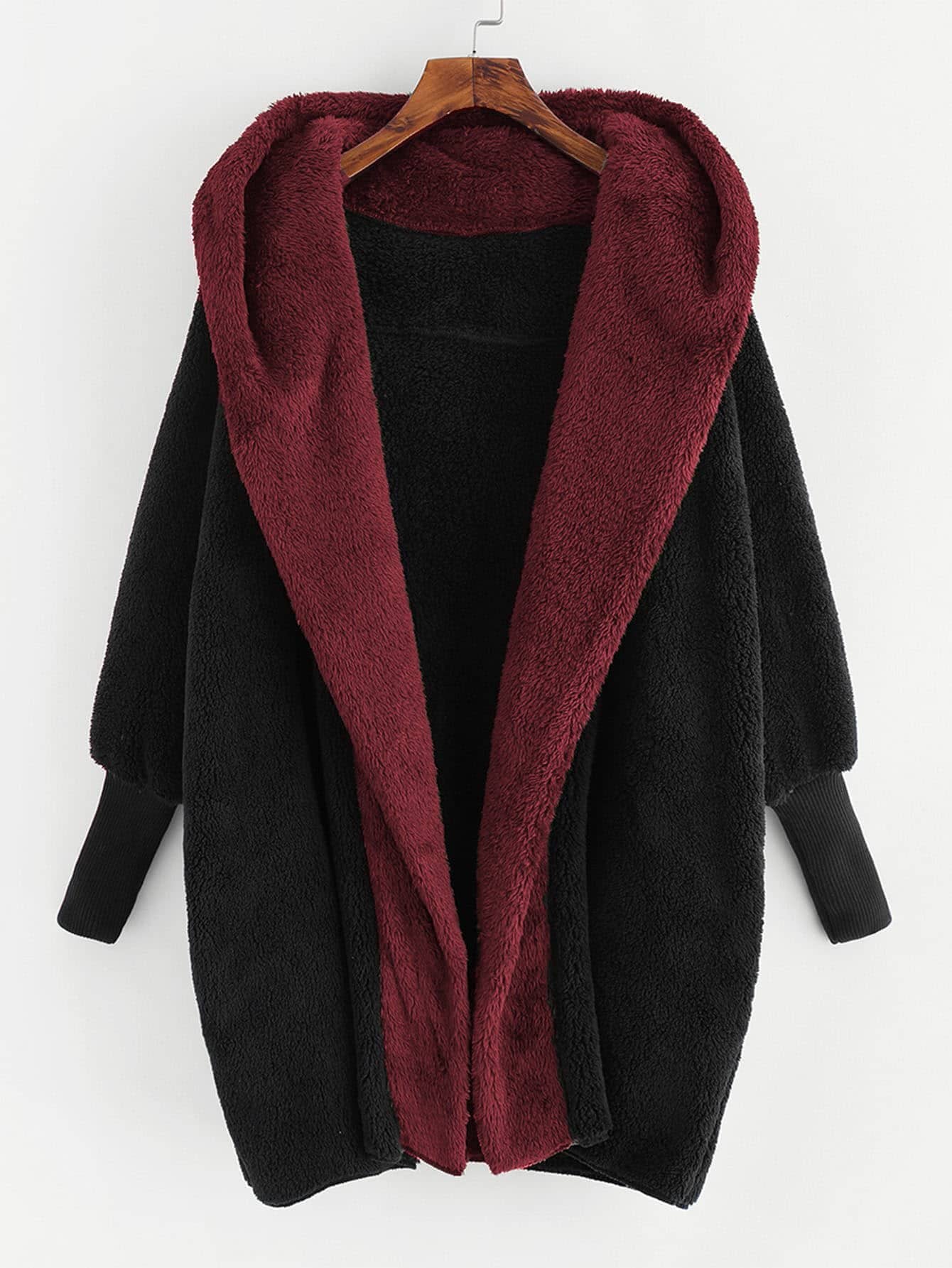 SHEIN LUNE Abrigo teddy con parte delantera abierta con capucha - Burdeos - Ver 1