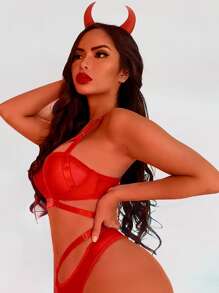 Cut-out Mesh Underwire Bra - Red - View 4