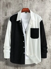 Manfinity Men Two Tone Pocket Patched Corduroy Shirt Without Tee - Black and White - View 1
