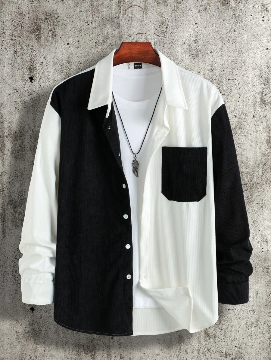 Manfinity Men Two Tone Pocket Patched Corduroy Shirt Without Tee - Black and White - View 1