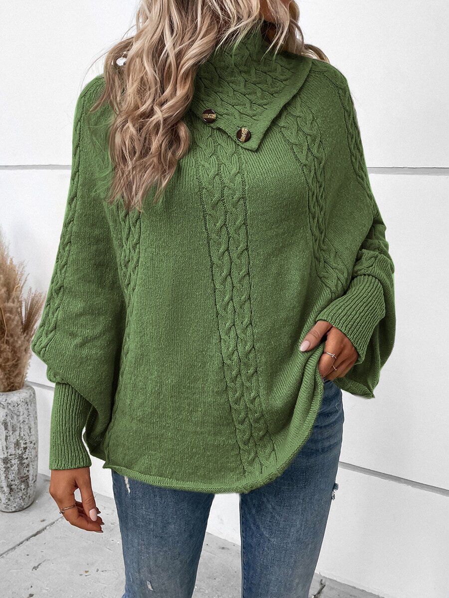 SHEIN LUNE Turtleneck Batwing Sleeve Cable Knit Poncho - Army Green - View 1