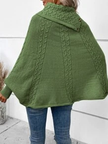 SHEIN LUNE Turtleneck Batwing Sleeve Cable Knit Poncho - Army Green - View 2