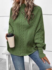 SHEIN LUNE Turtleneck Batwing Sleeve Cable Knit Poncho - Army Green - View 4