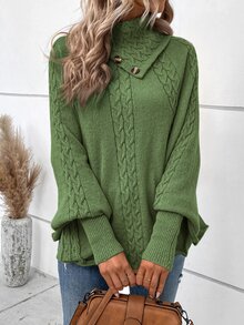 SHEIN LUNE Turtleneck Batwing Sleeve Cable Knit Poncho - Army Green - View 5