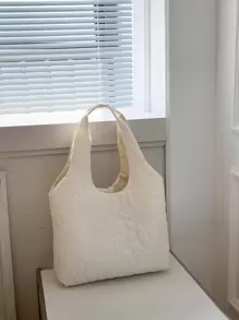 Floral Quilted Shoulder Tote Bag - White - View 1