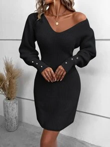 SHEIN LUNE Drop Shoulder Pearls Detail Jumper Dress - Black - View 6