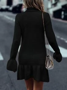 SHEIN Unity Turtleneck Flounce Cuff Ruffle Hem Sweater Dress - Black - View 2