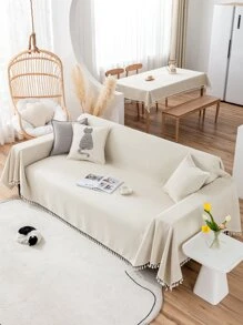 1pc Tassel Decor Sofa Towel - Beige - View 1
