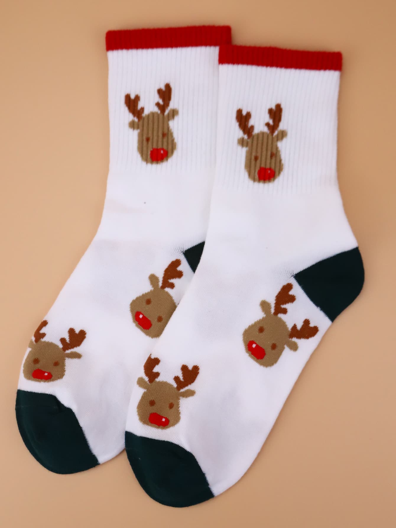 Men Christmas Deer Print Crew Socks - White - View 1