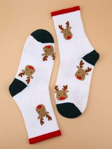Men Christmas Deer Print Crew Socks - White - View 2