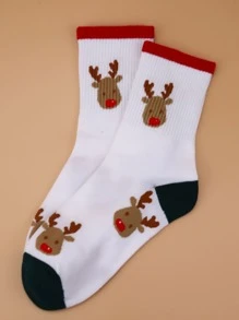 Men Christmas Deer Print Crew Socks - White - View 5