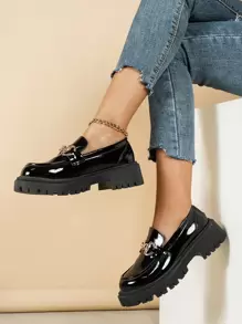 女式黑色圆头厚底休闲乐福鞋 - 黑色 - 查看 2