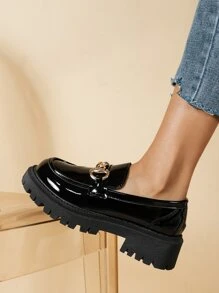 女式黑色圆头厚底休闲乐福鞋 - 黑色 - 查看 3