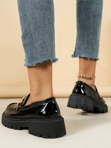 女式黑色圆头厚底休闲乐福鞋 - 黑色 - 查看 5