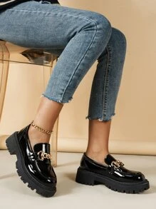 女式黑色圆头厚底休闲乐福鞋 - 黑色 - 查看 6