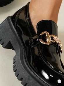 女式黑色圆头厚底休闲乐福鞋 - 黑色 - 查看 7