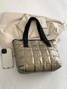 衍縫細節單肩托特包格紋防水大容量日常通勤戶外遊玩肩膀休閒後背包 - 銅色 - 查看 5