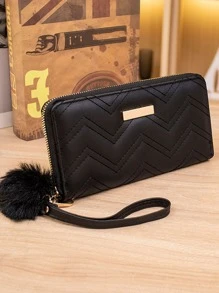 Chevron Pattern Pom Pom Decor Long Wallet - Black - View 1