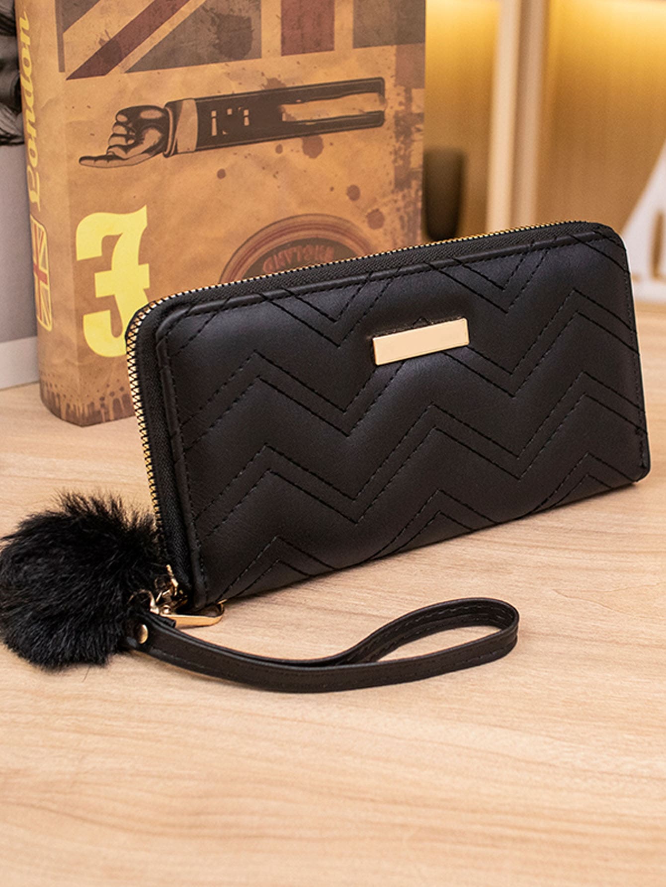 Chevron Pattern Pom Pom Decor Long Wallet - Black - View 1