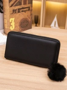 Chevron Pattern Pom Pom Decor Long Wallet - Black - View 2