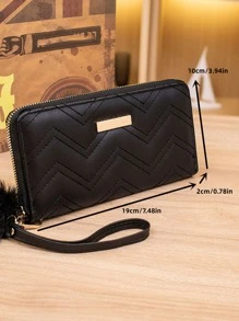 Chevron Pattern Pom Pom Decor Long Wallet - Black - View 3