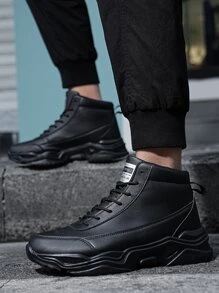 Men Lace-up Front Letter Patch Decor Chunky Sneakers - Black - View 1