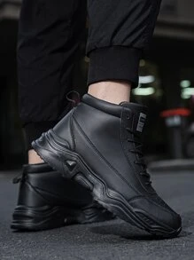 Men Lace-up Front Letter Patch Decor Chunky Sneakers - Black - View 4