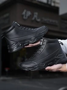 Men Lace-up Front Letter Patch Decor Chunky Sneakers - Black - View 3