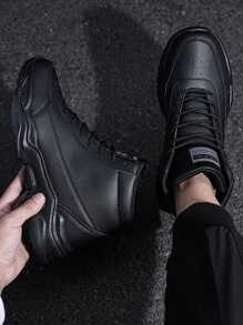 Men Lace-up Front Letter Patch Decor Chunky Sneakers - Black - View 2