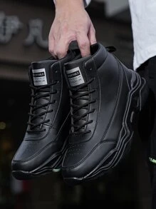 Men Lace-up Front Letter Patch Decor Chunky Sneakers - Black - View 5