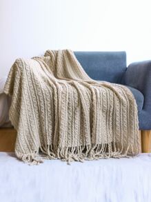 1pc Kết cấu Fringe Trim Ném Chăn - Màu Khaki - Xem 1