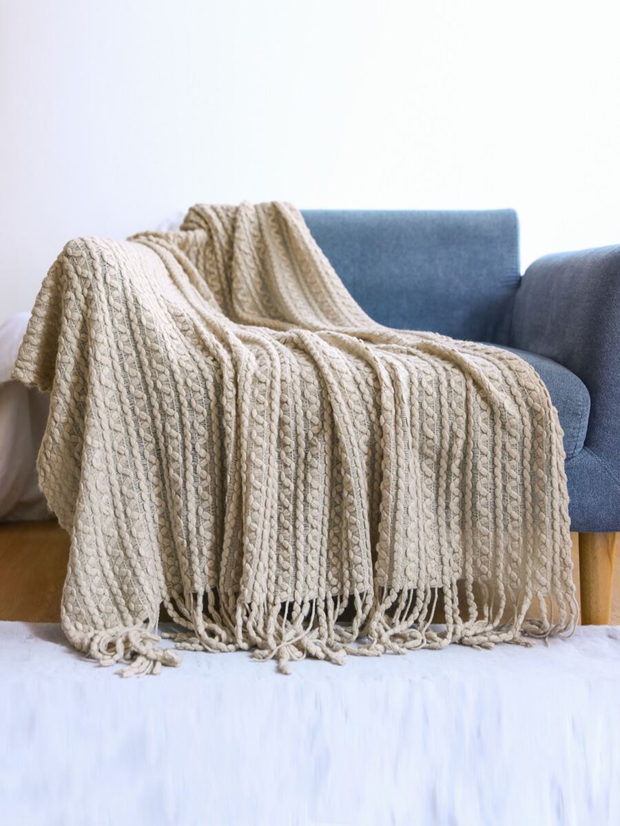 1pc Kết cấu Fringe Trim Ném Chăn - Màu Khaki - Xem 1