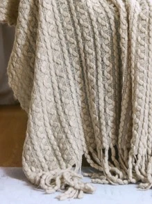 1pc Kết cấu Fringe Trim Ném Chăn - Màu Khaki - Xem 3