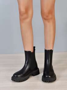 女士朋克風格時尚靴子,簡約風一鍵式切爾西踝靴 - 黑色 - 查看 2