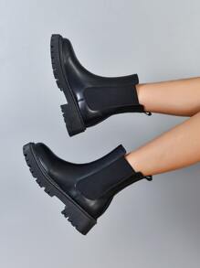 女士朋克風格時尚靴子,簡約風一鍵式切爾西踝靴 - 黑色 - 查看 5