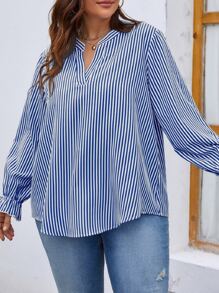 SHEIN LUNE 大碼條紋圖案缺口領荷葉袖襯衫 - 藍白色 - 查看 3