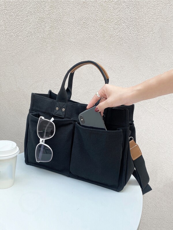 Minimalist Pocket Front Canvas Shopper Bag Canvas Handbag, Women's Casual Multi-Pocket Shoulder BagSchool Bag,Large Capacity,Portable,Lightweight,RFID Pocket, Suitable For Teen Girls Women College Students,Boys And Men,White-Collar Workers,Rookies & White-Collar Workers, Perfect For Back To School,Shopping,Middle School, High School,College,Office,Holiday