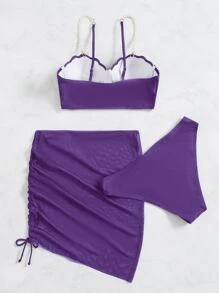 SHEIN Swim 夏日海灘3入組假珍珠裝飾推擠式比基尼和海灘裙 - 紫羅蘭色 - 查看 2