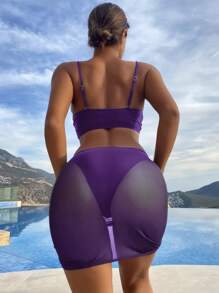 SHEIN Swim 夏日海灘3入組假珍珠裝飾推擠式比基尼和海灘裙 - 紫羅蘭色 - 查看 4