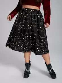 Flirla Plus High Waist Cat Print Skirt - Black - View 1