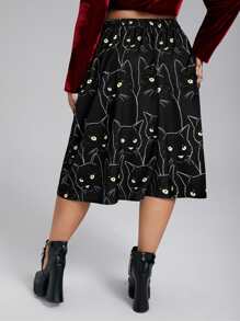 Flirla Plus High Waist Cat Print Skirt - Black - View 2