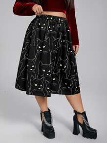 Flirla Plus High Waist Cat Print Skirt - Black - View 4