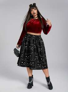 Flirla Plus High Waist Cat Print Skirt - Black - View 5