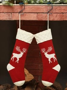 1pc Elk Pattern Christmas Sock Wall Hanging - Red and White - View 1