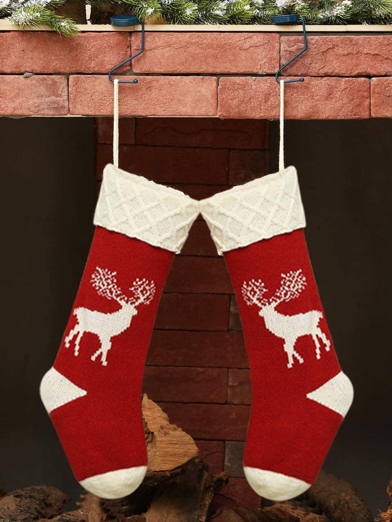 1pc Elk Pattern Christmas Sock Wall Hanging - Red and White - View 1