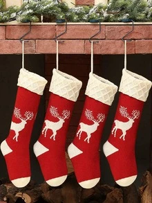 1pc Elk Pattern Christmas Sock Wall Hanging - Red and White - View 2