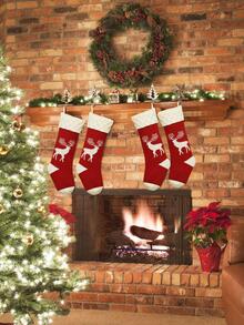 1pc Elk Pattern Christmas Sock Wall Hanging - Red and White - View 3