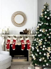 1pc Elk Pattern Christmas Sock Wall Hanging - Red and White - View 4