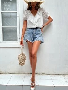 SHEIN LUNE Blusa de lunares ribete con fruncido de manga farol - Blanco - Ver 4