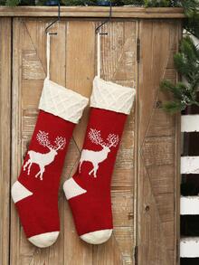 1pc Elk Pattern Christmas Sock Wall Hanging - Red and White - View 6
